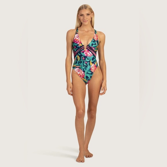 Trina Turk One Piece SwimSuit Women's Standard India Garden Plunge Neck NWT - Picture 3 of 13